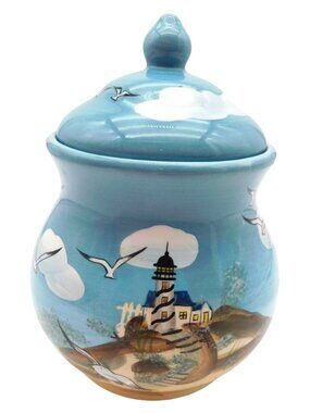 Heartfelt Kitchen Creations Canister and Lid Nautical Lighthouse Seagull 9" Tall
